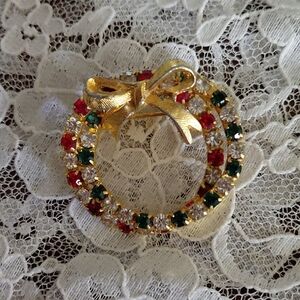 Brooch. Red, Green & Diamond Rhinestones Brooch